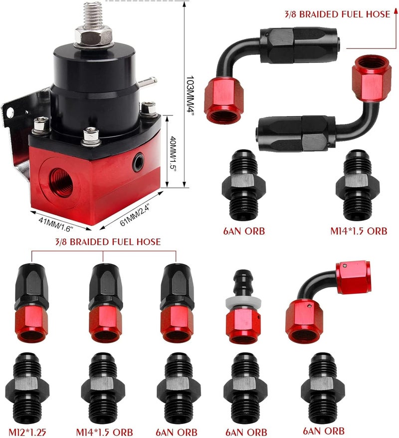 YESHMA EFI Fuel Pressure Regulator Kit 0-100psi with Gauge 6AN Fuel Line Fitting Universal Adjustable Aluminum (Black+Red) - Image 5
